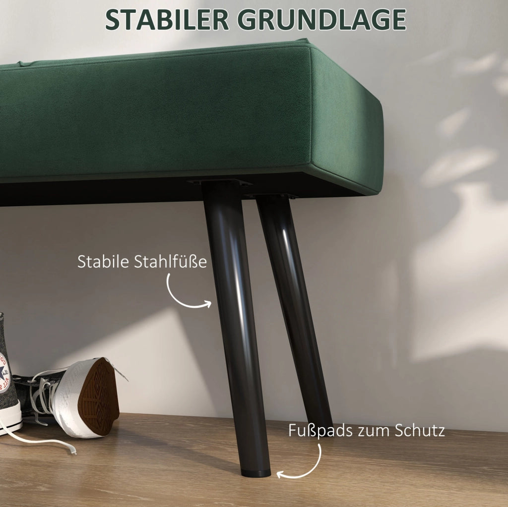 Panca imbottita verde con gambe in acciaio