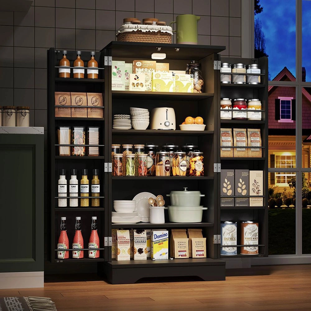 Armoire de cuisine con illuminazione LED a sensore - Xylo - 120x60x40 cm - Nero - 2 porte, ripiani e scomparti regolabili
