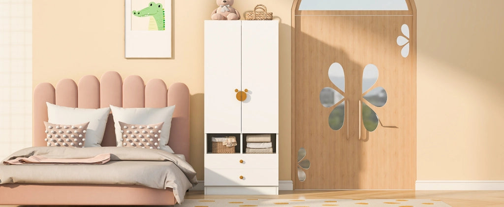 Scaffale a doppia porta con due cassetti e piccoli scomparti in MDF bianco per camera da letto 70 × 50 × 170 cm