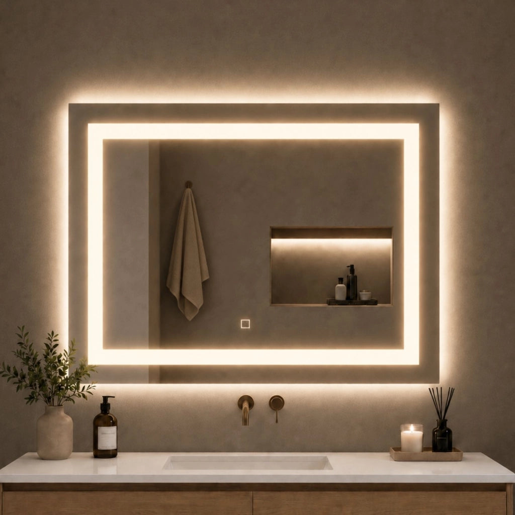 Specchio da bagno rettangolare led con interruttore touch e cornice in alluminio *** misure 80x60 cm, tonalità stand...