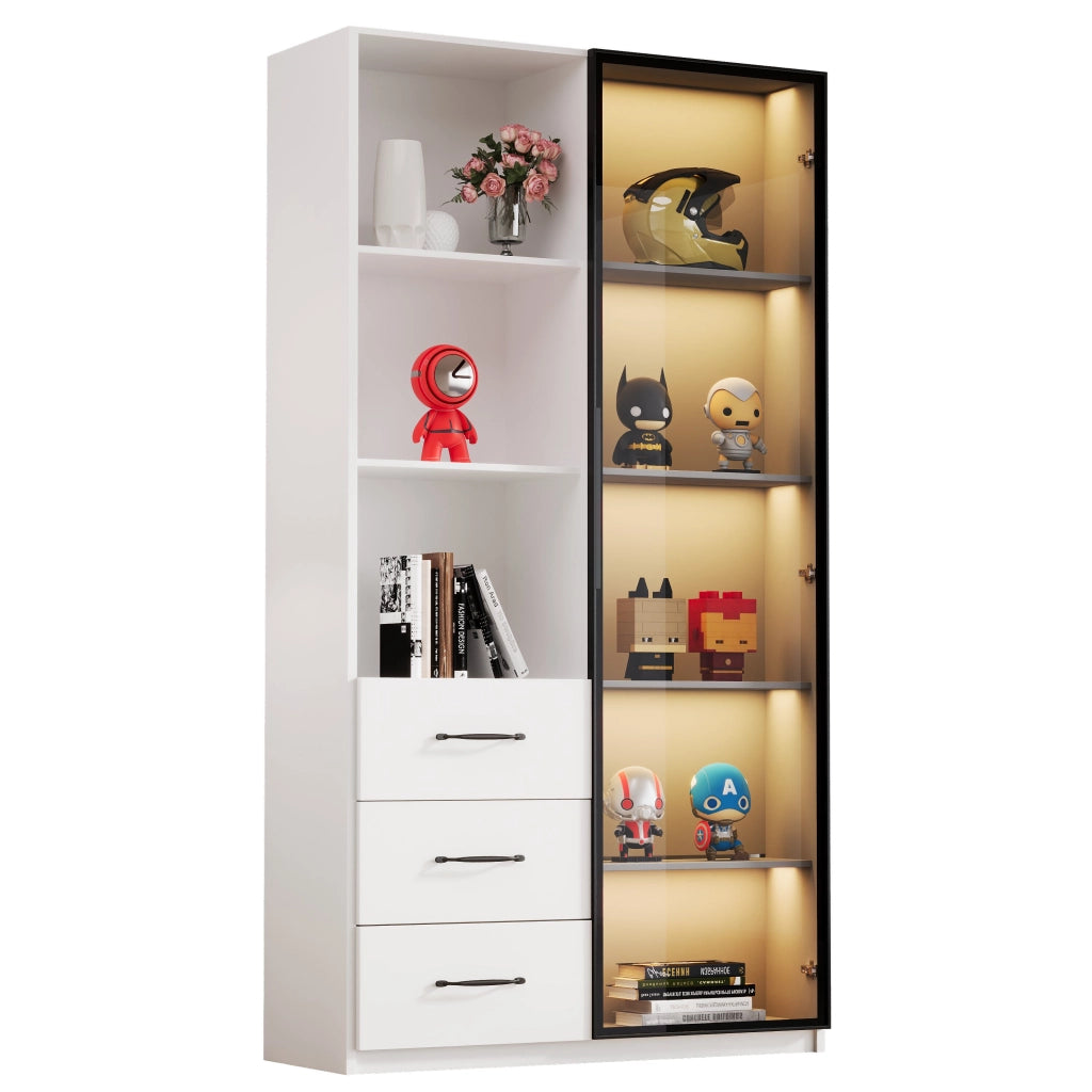 Vetrina con Porta in Vetro Temperato e LED; 3 Cassetti e 3 Vani Aperti; Telaio in Alluminio; Stile Moderno; in Pannello Truciolare; Bianco; 80??40??160 cm