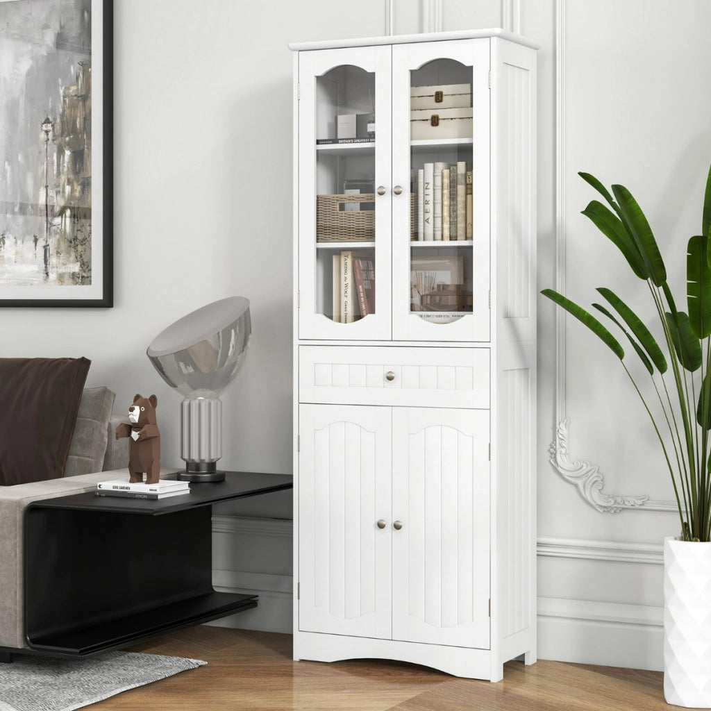 Armadio da bagno alto-Mobiletto da bagno 160cm con 2 porte in vetro 2 ripiani regolabili e 1 cassetto, Mobile autonomo per cucina Bianco