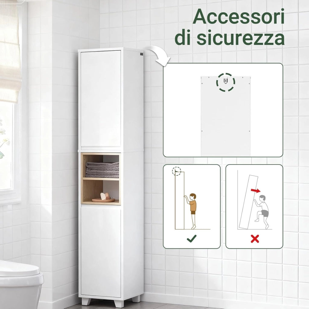 Mobile Bagno Alto e Stretto – Armadietto Salvaspazio con Ripiani Aperti e Ante – Mobiletto Bagno Bianco in MDF/PB, 30x170x30 cm, Modello BZR147-W