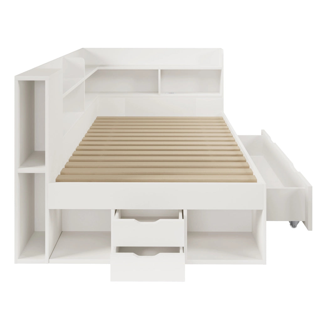 Letto singolo 90x200 cm in legno bianco con LED; USB e Type-C; contenitore e ripiani