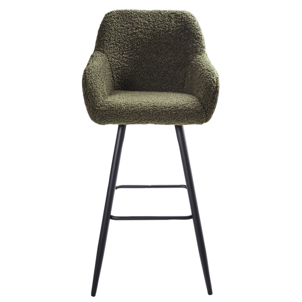 Set di 2 sgabelli da bar in tessuto bouclè verde scuro con seduta imbottita e gambe in metallo stile moderno soggiorno