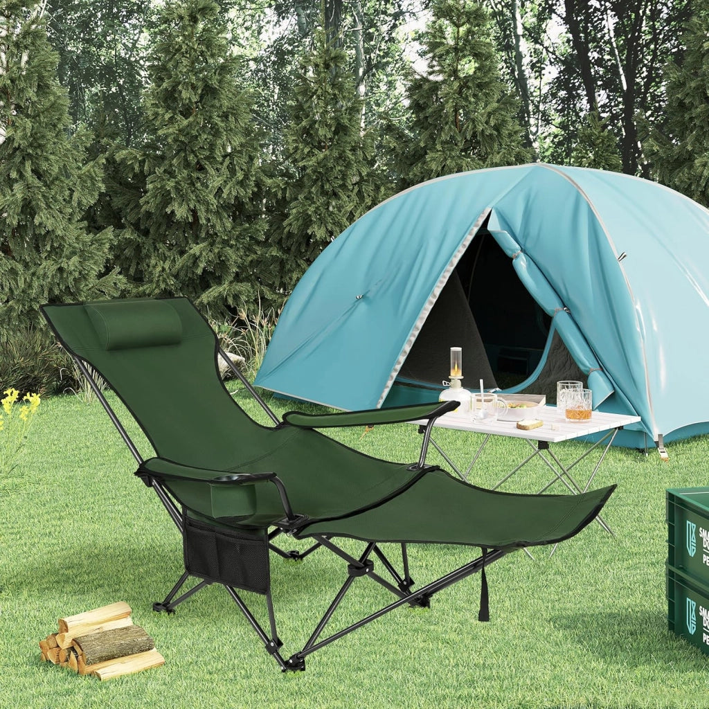 Set di 2 Sedia da Campeggio Portatile Reclinabile, Sedia Pieghevole Esterno con Poggiapiedi, Poggiatesta e Borsa da Trasporto, per Pesca, Giardino, Verde