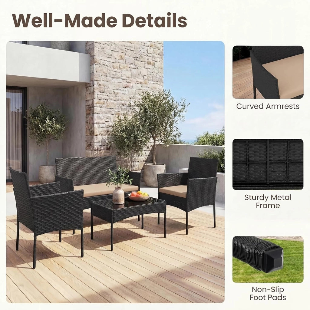 Salotto da Giardino Esterno 4 Pezzi, Set da Esterno in Rattan con Tavolino con Piano in Vetro, Divano 2 Posti e 2 Poltrone, Set da Conversazione con Cuscini per Patio, Balcone e Terrazzo (Tortora)