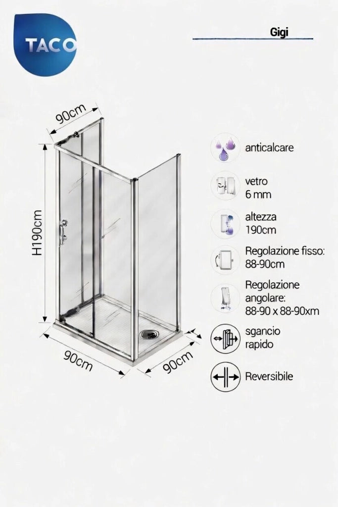 Box Doccia 3 lati 90x90x90 cm: fisso + angolare scorrevole GIGI - Cromato Lucido