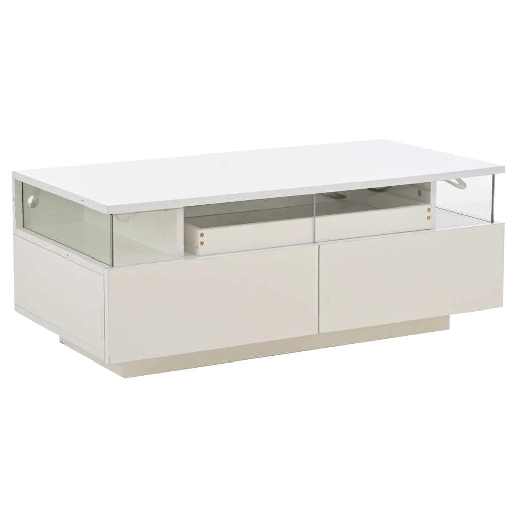 Tavolino da caffè 90 x 45 x 35,5 cm bianco lucido con vassoio estraibile, 2 cassetti, LED e piano in vetro temperato