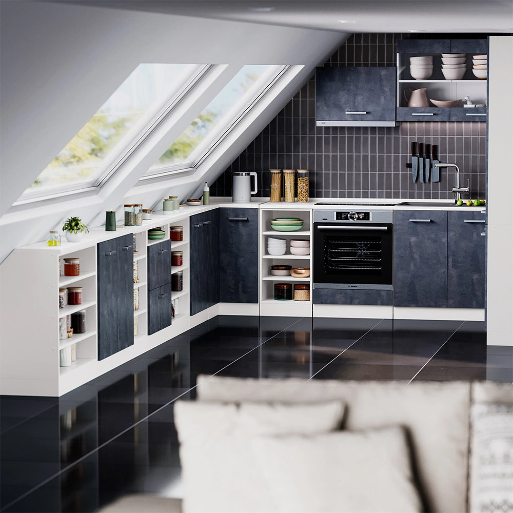 Mobile cucina sottotetto R-Line Calce nera/Bianco 140 cm Set di 2 carcasse armadio profondità 60 cm Vicco