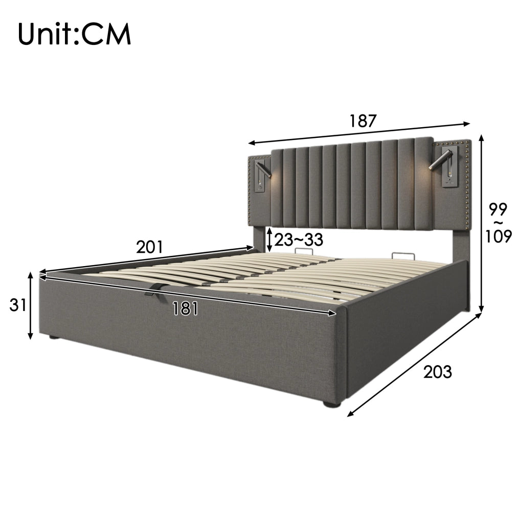 Letto matrimoniale imbottito 180x200 cm grigio con contenitore; luce lettura e porte USB