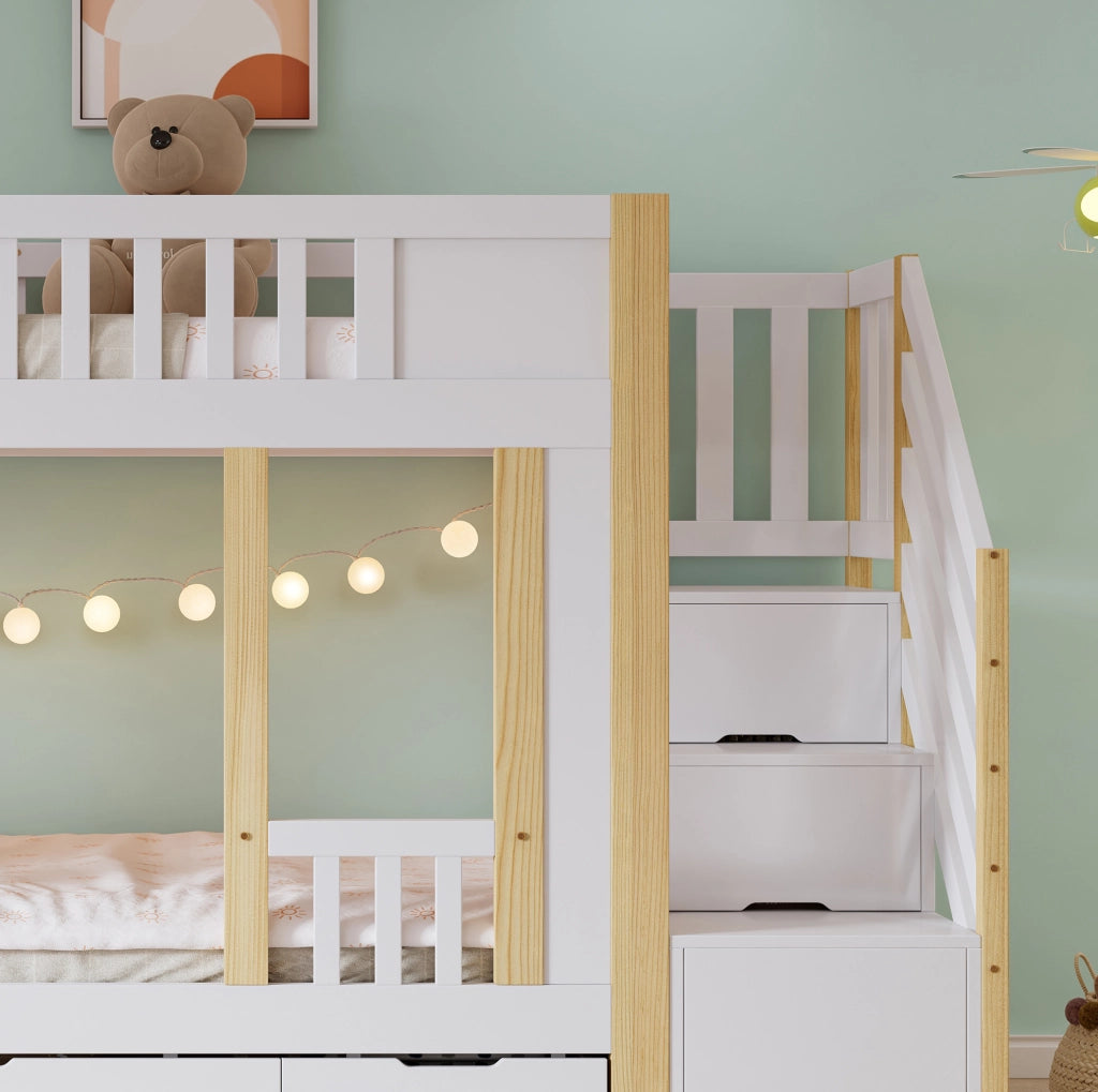 Letto a castello per bambini 90x200 cm con scala contenitore e 3 cassetti