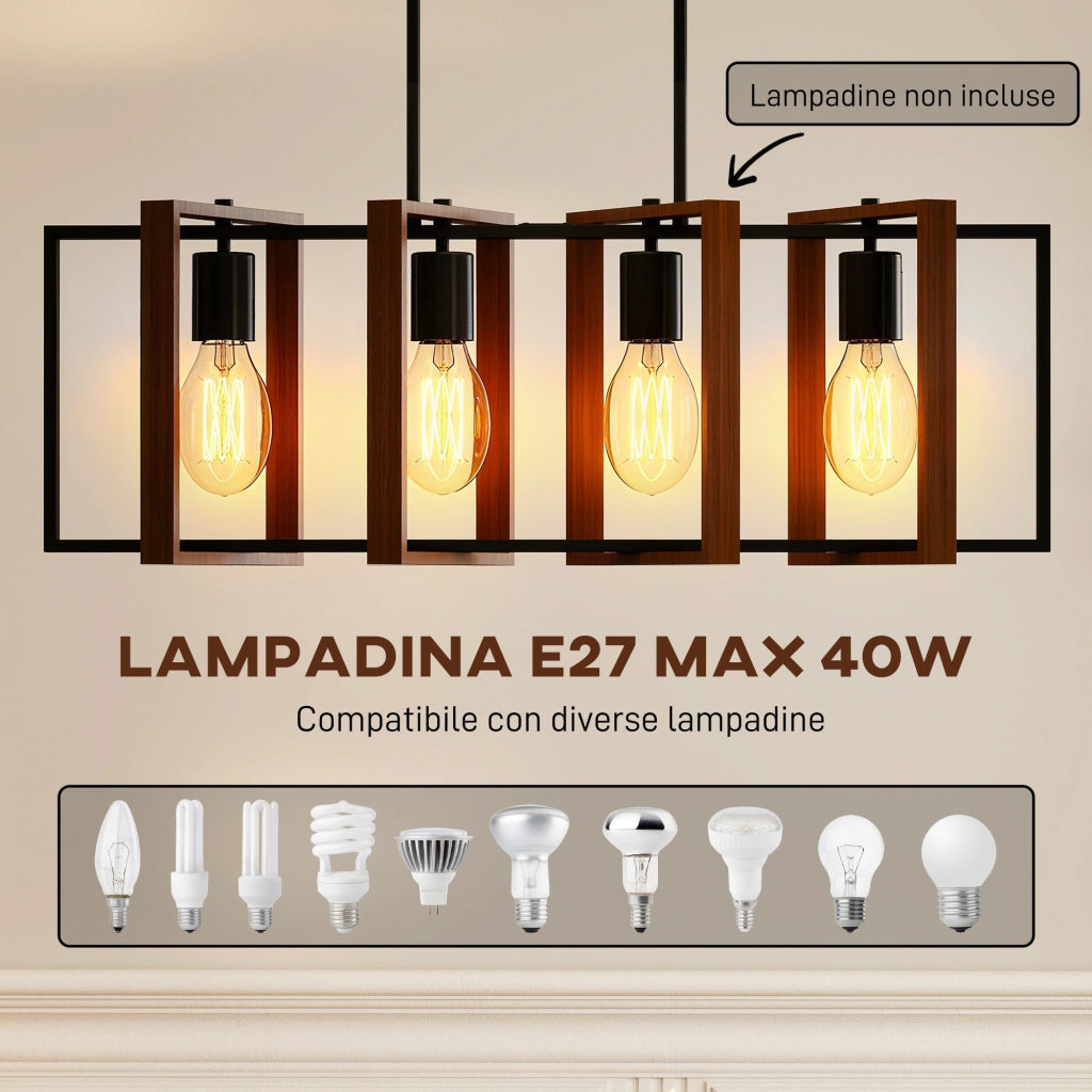 Lampadario a Sospensione Rustico con 4 Cornici Girevoli e Catena Regolabile, 80x21x90-130 cm, Nero e Marrone