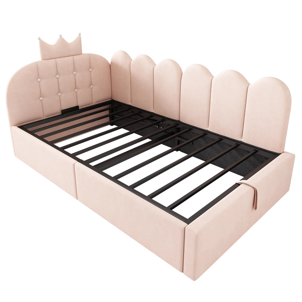 Letto contenitore a scomparsa L, 90x190 cm, in velluto rosa, con rete a doghe, senza materasso