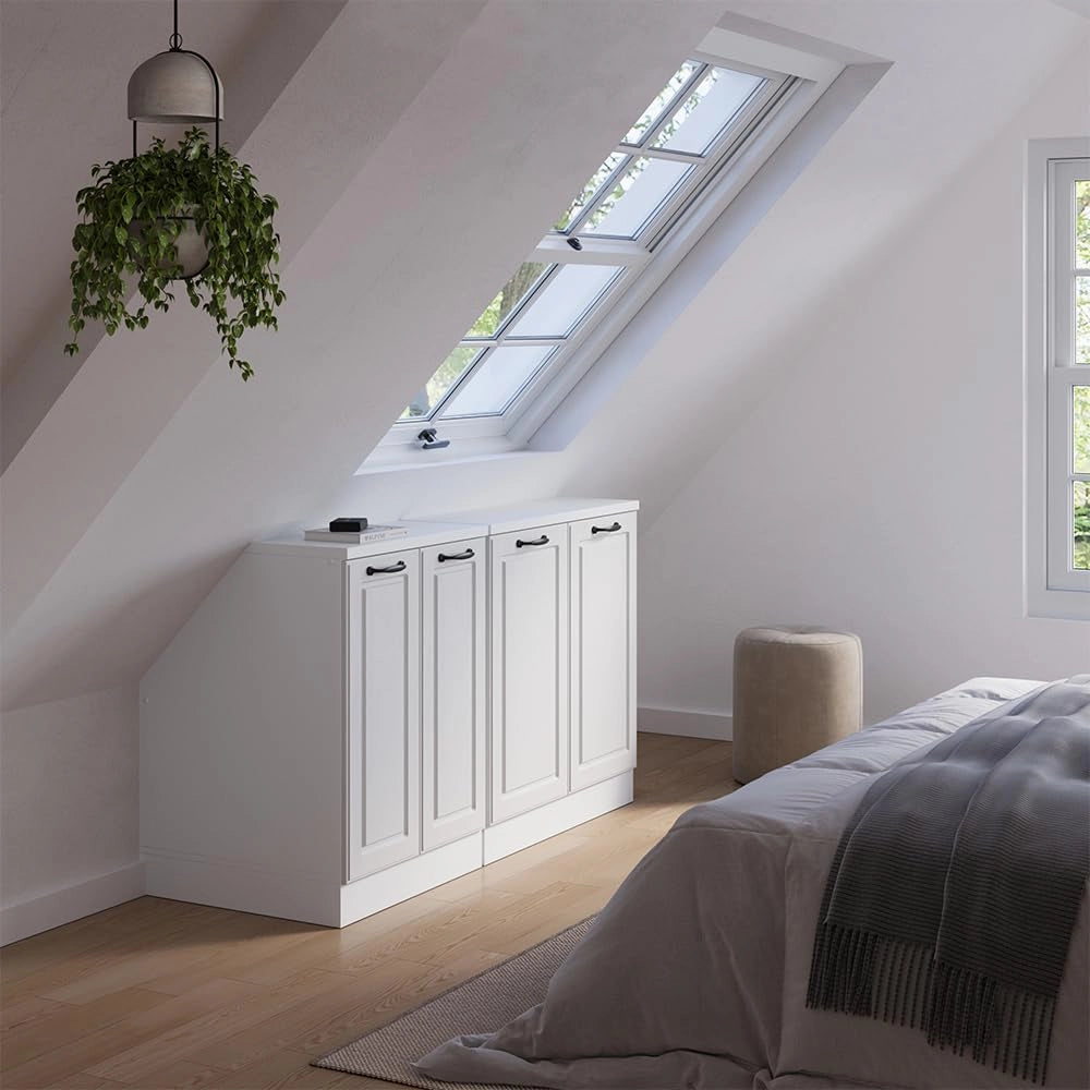 Set di mobili sottotetto Rion, Bianco casa di campagna, 140 cm Set di 2 carcasse armadio profondità 60 cm, adatto per il salvaspazio sotto tetti spioventi