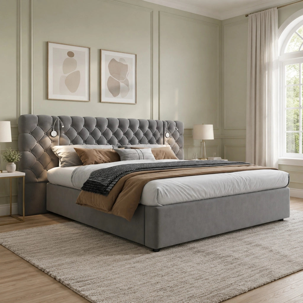 Letto matrimoniale 180x200 cm in velluto grigio con rete a doghe, contenitore idraulico e luce da lettura