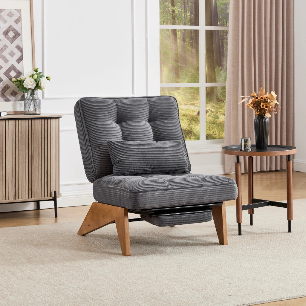 OKWISH Poltrona Relax in Velluto a Coste, Schienale Regolabile con Cuscino Lombare e Gambe in Legno, Grigio Scuro