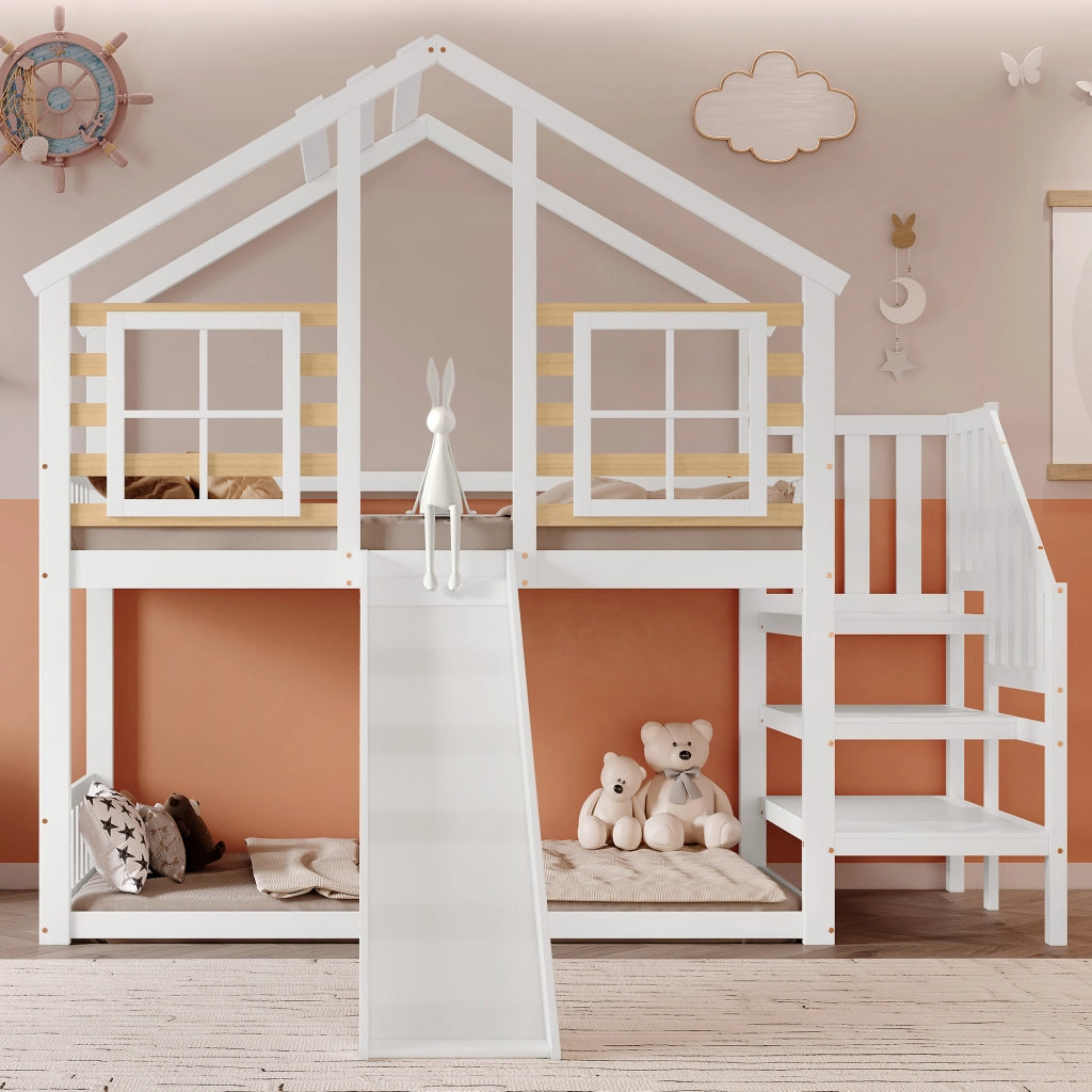 Letto a Castello 90x200 cm; Letto 2 Posti - Con Scala; Scivolo e Finestre - Bianco