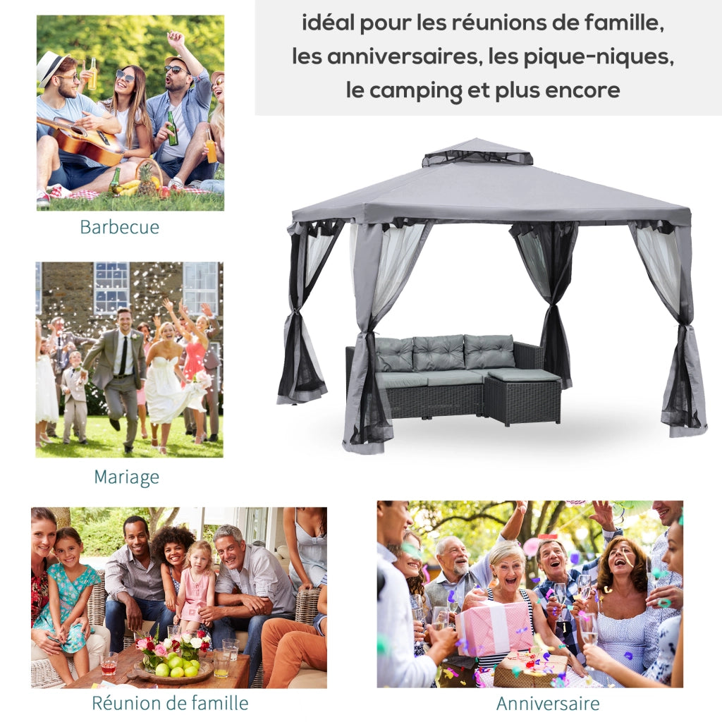 Gazebo da giardino 3x3m ¨C zephmum ¨C doppio tetto con zanzariere grigio chiaro