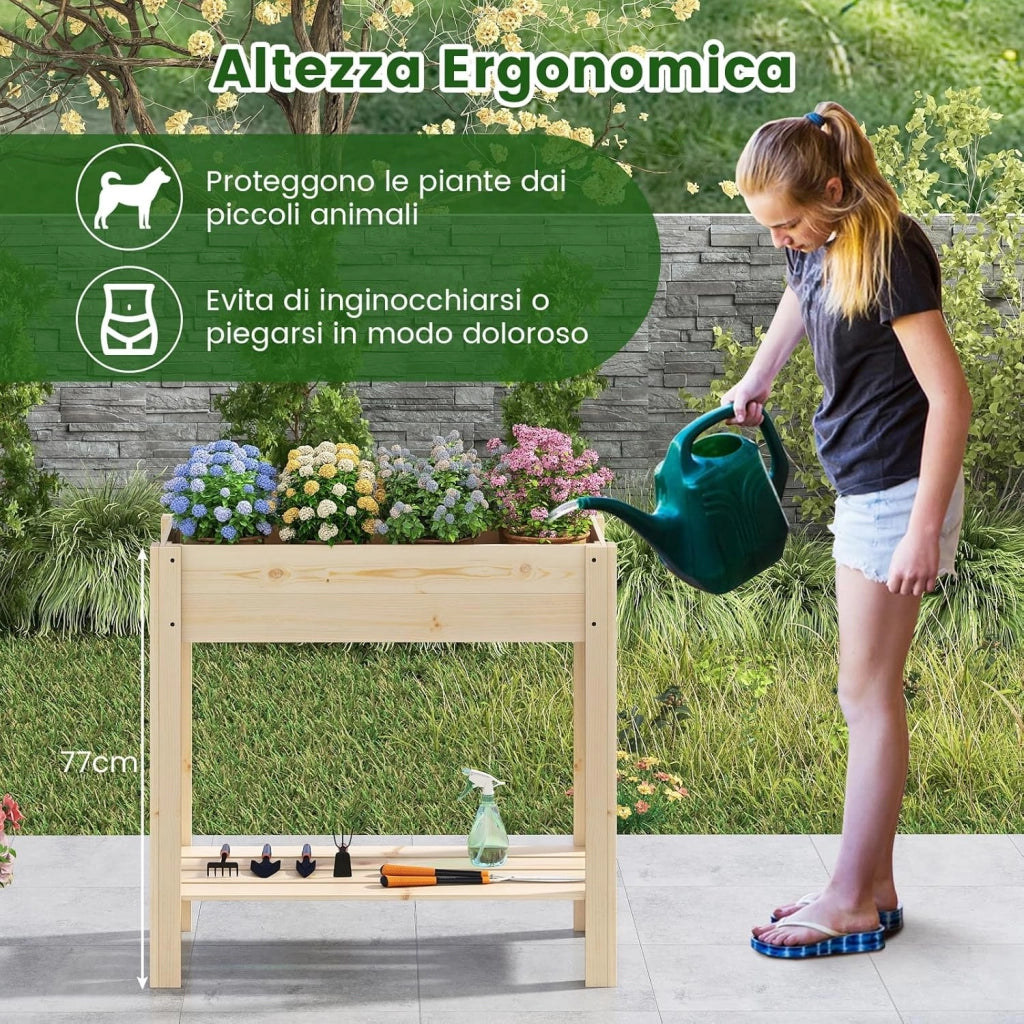 Letto da Giardino Rialzato in Legno, Fioriera Elevata con Ripiano, Drenaggio, Contenitore per Fiori, Erbe e Frutta, Scatola da Giardinaggio per Interno ed Esterno, 81x37x77CM