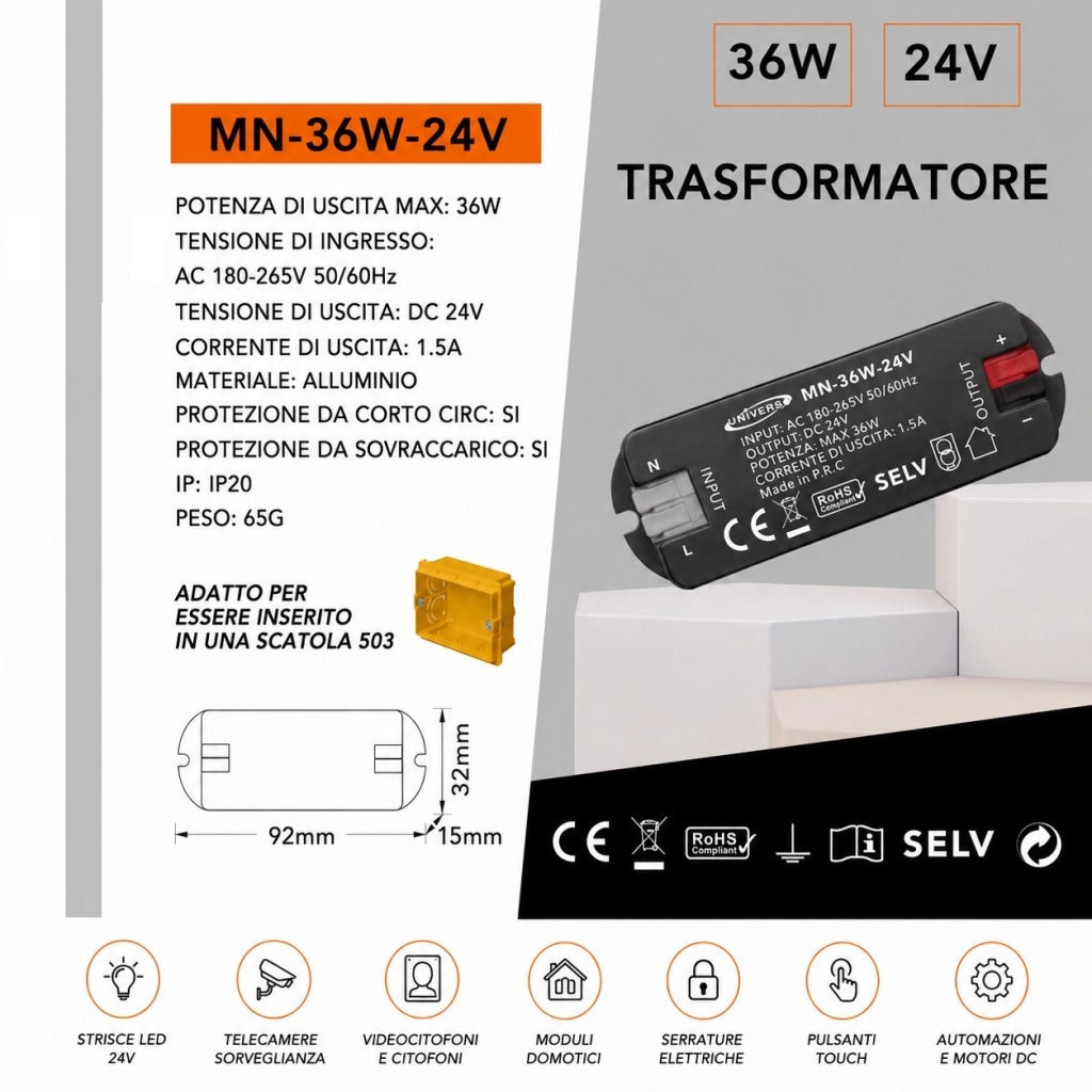 Trasformatore Alimentatore Slim 24V 36W per Scatola 503 Strisce LED Domotica Moduli Smart Telecamere