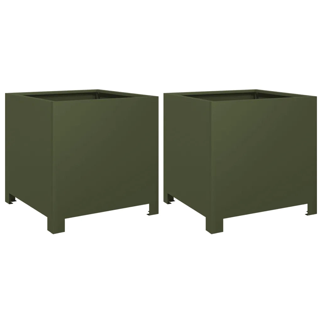 2 pz Fioriere | Cassetta per fiori | Vaso da Giardino Verde Oliva 40x40x40 cm in Acciaio
