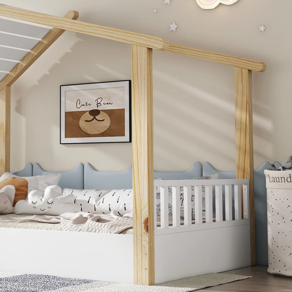 Letto Casetta 90x200 cm con Rete a Doghe - in Legno Massello e MDF - Bianco e Naturale
