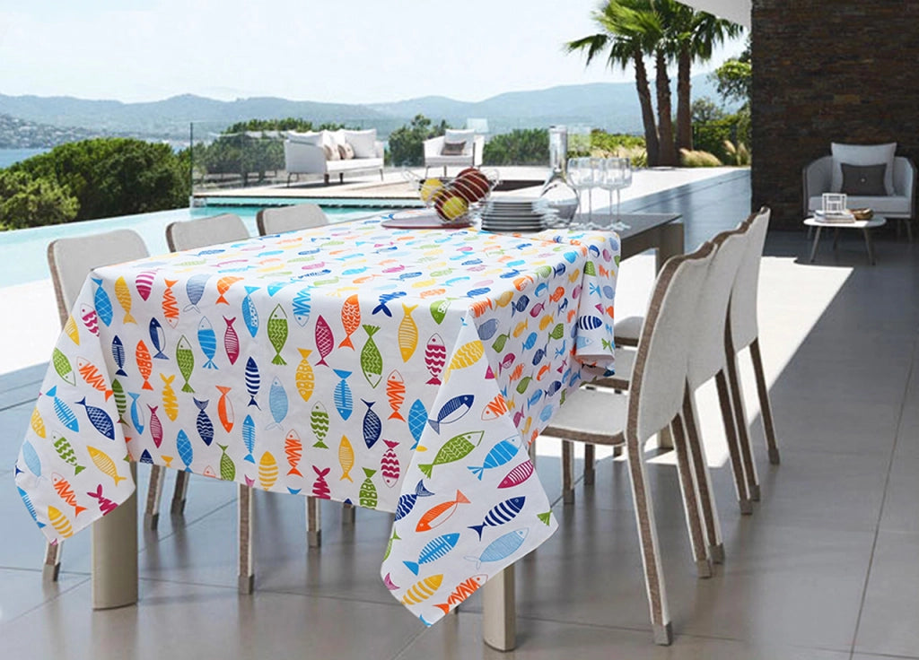 Tovaglia Miros Resinata Antimacchia Copritavolo Cucina Disegno Fish Color - 140x240 - Fish Color