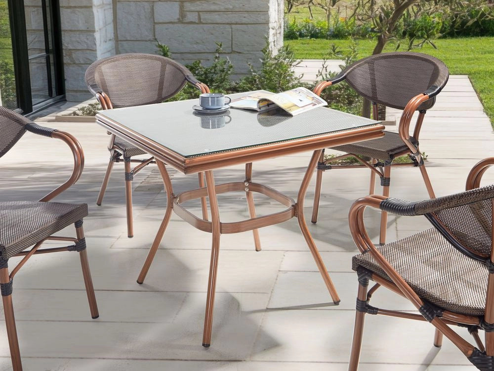 Tavolo da pranzo da giardino in legno scuro con struttura in alluminio 80 x 80 cm Piano in vetro temperato