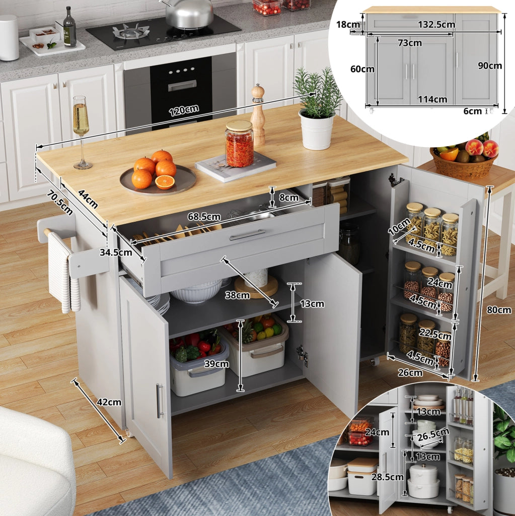 Carrello da cucina 132.5x44(70)x90 cm con piano ribaltabile in MDF grigio