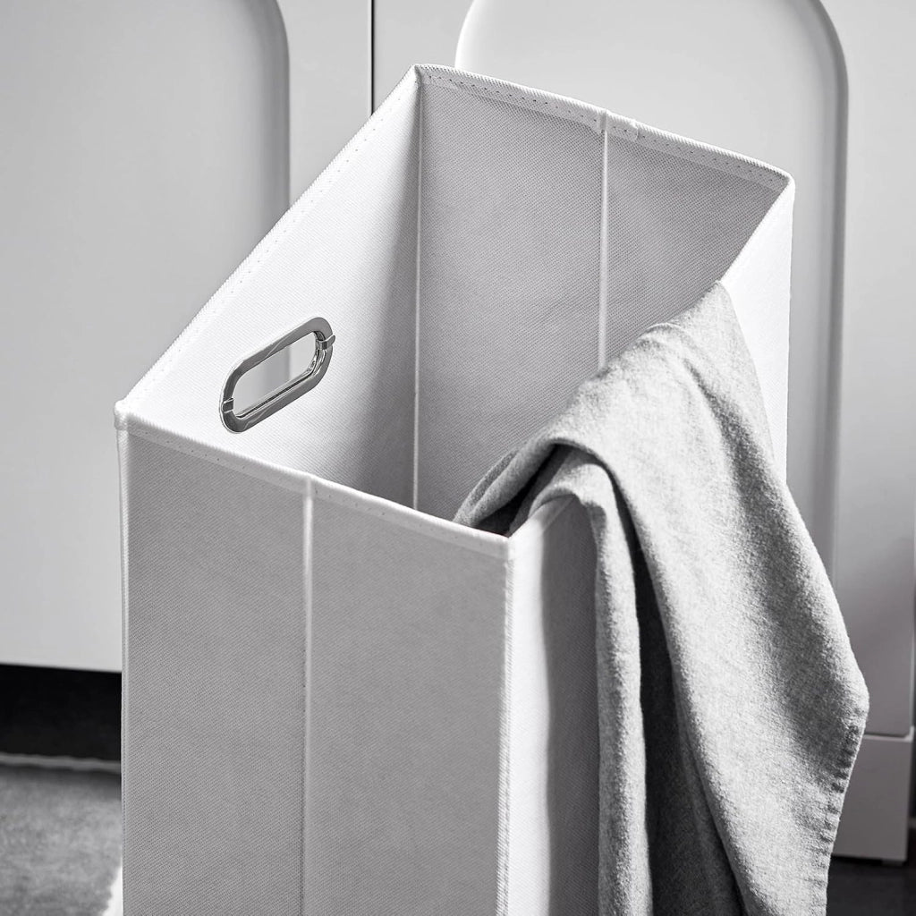 Wäscheschrank con Sacco Portabiancheria Mobile Bagno Salvaspazio con Cesto Estraibile Mobiletto Bagno in Legno per Piccoli Bagni o WC Ospiti, Bianco, 30x97x30cm BZR161-W