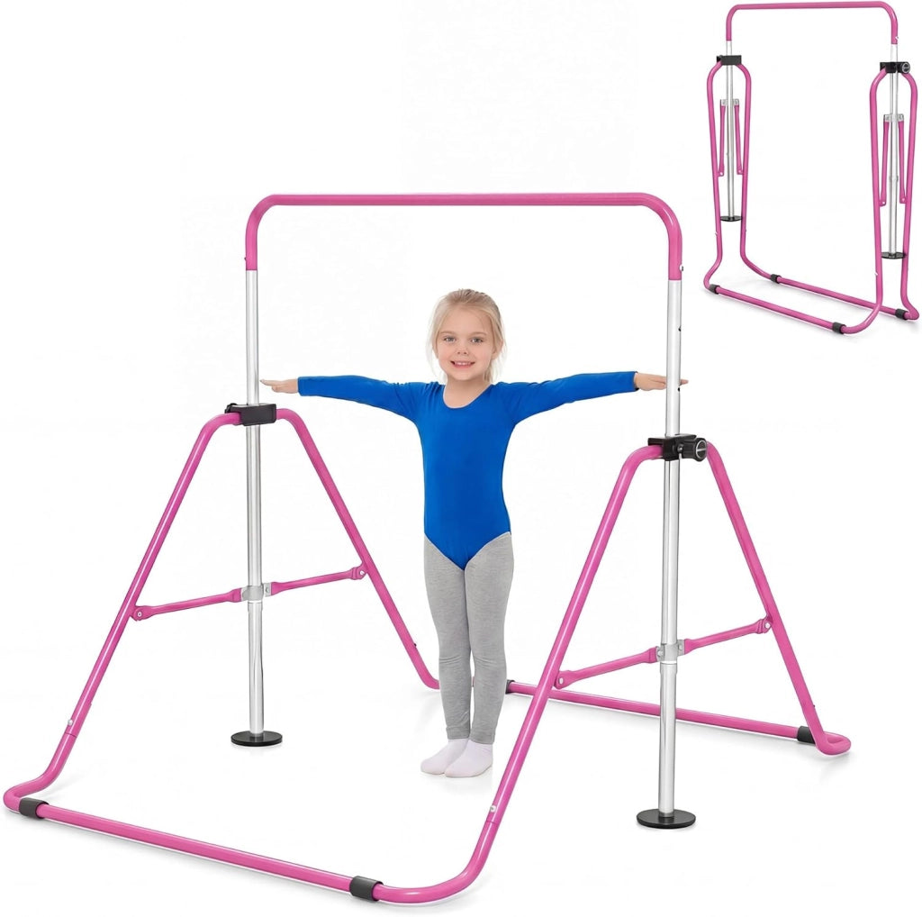 KOMFOTTEU Barra da ginnastica pieghevole per bambini, barra orizzontale con altezza regolabile in 5 livelli da 90 a 130 cm, carico di 70 kg, attrezzatura portatile per allenamento per interni esterni