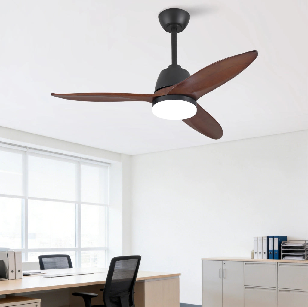 Ventilatore da soffitto moderno 42 pollici con LED; 3 pale in legno massello; nero e noce scuro