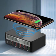 Caricabatterie 40W 6 porte USB Stazione di ricarica rapida Caricabatteria wireless USB Hub multifunzione con rilevamento IC/Shunt intelligente/Display LCD a schermo digitale per Laptop, Tablet e Telefono (Nero EU)