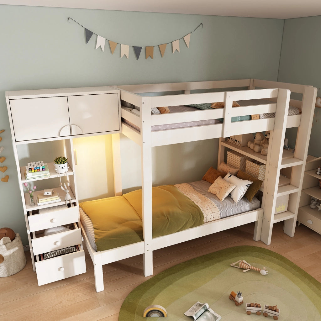 Letto a Castello 90x200 cm con LED; Armadio; Ripiani e Cassetti in Metallo e Legno Bianco