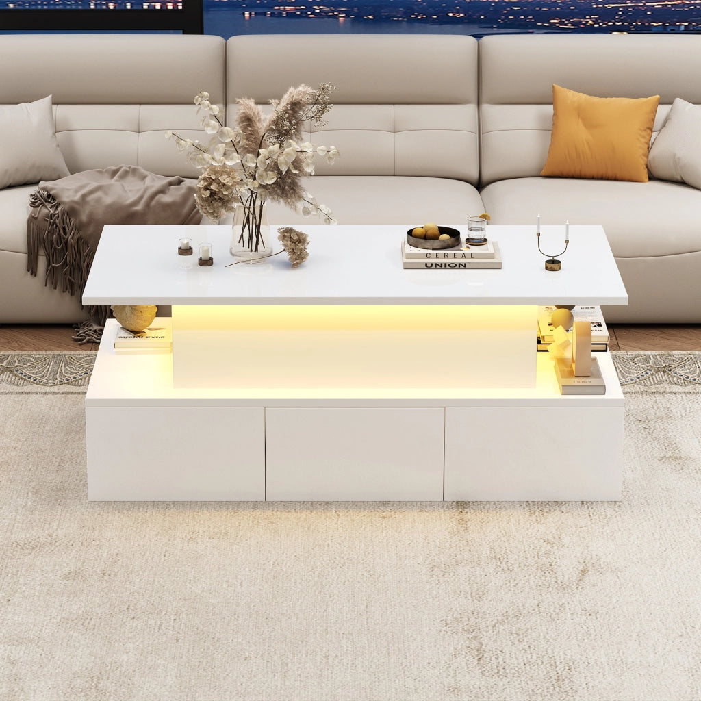 TAVOLINO Alzabile 100x50x40 cm MDF Bianco Lucido con 4 Cassetti e LED