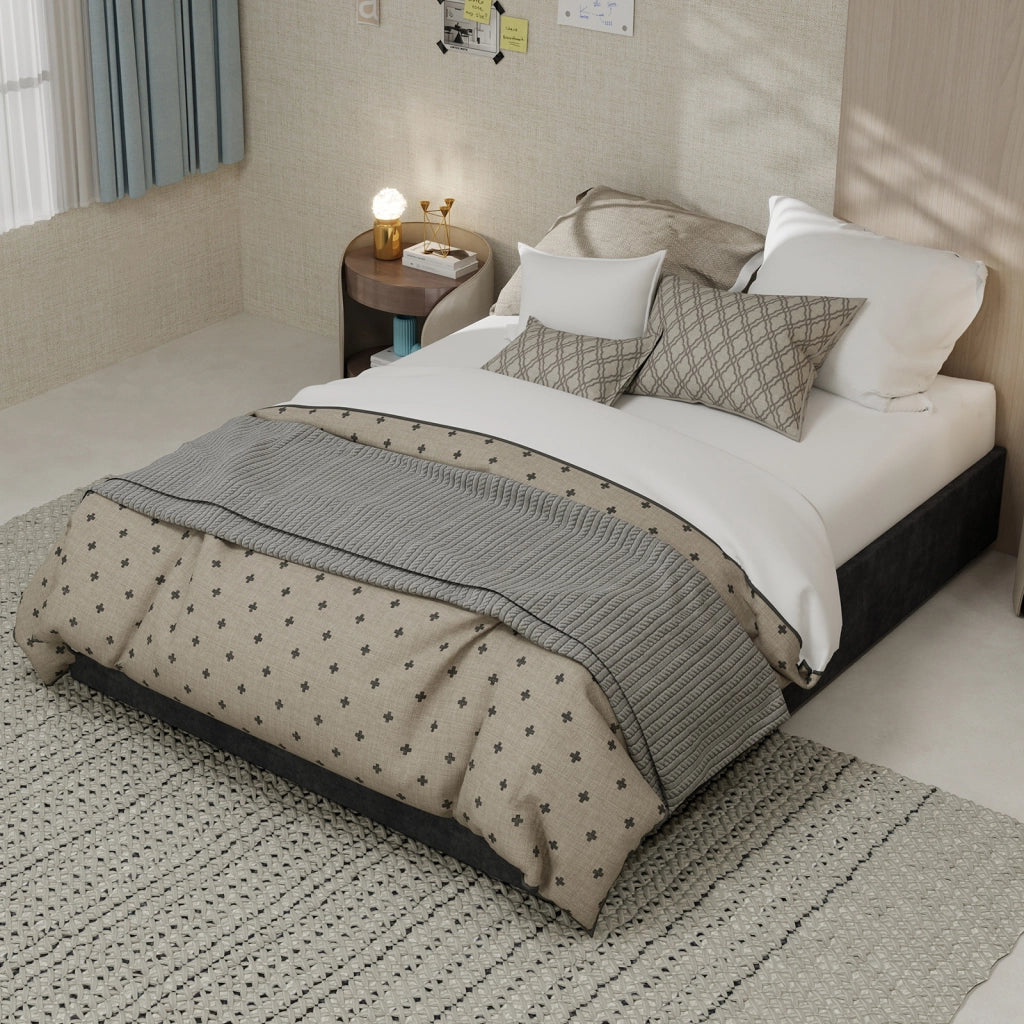 Letto con Contenitore 140 x 200 cm; con Testiera Sagomata; Contenitore a Gas; Grigio; in Tessuto e Metallo