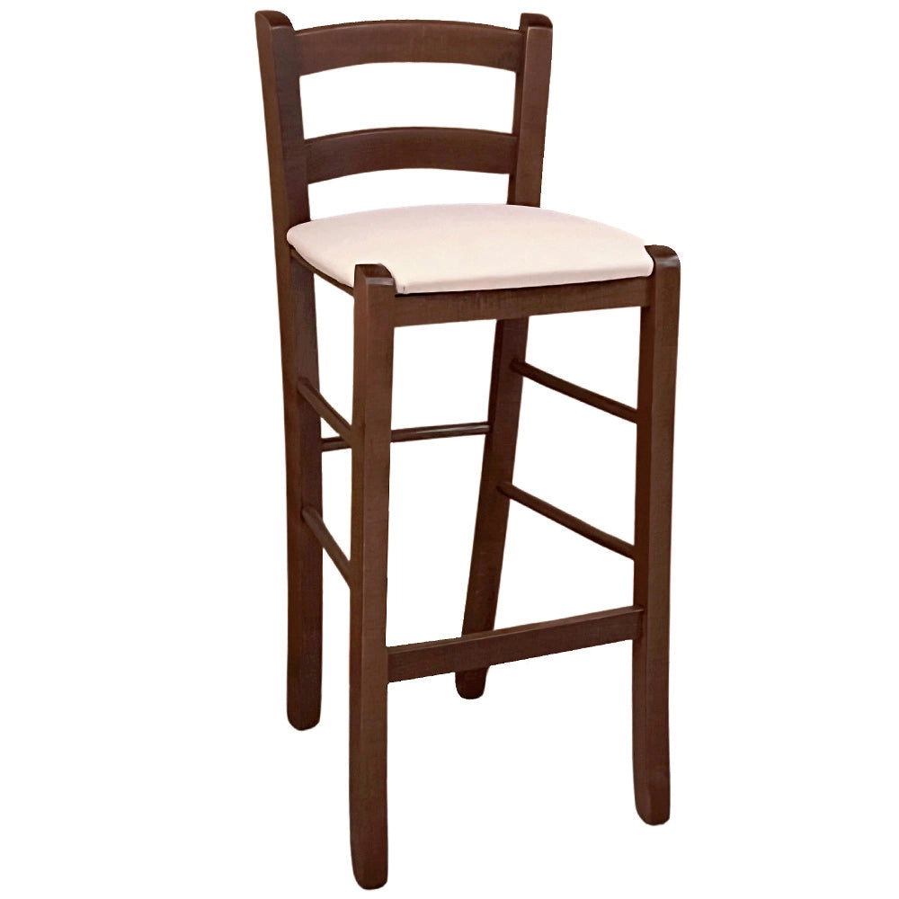 Sgabello in legno noce scuro h 67 seduta imbottita in similpelle beige/crema