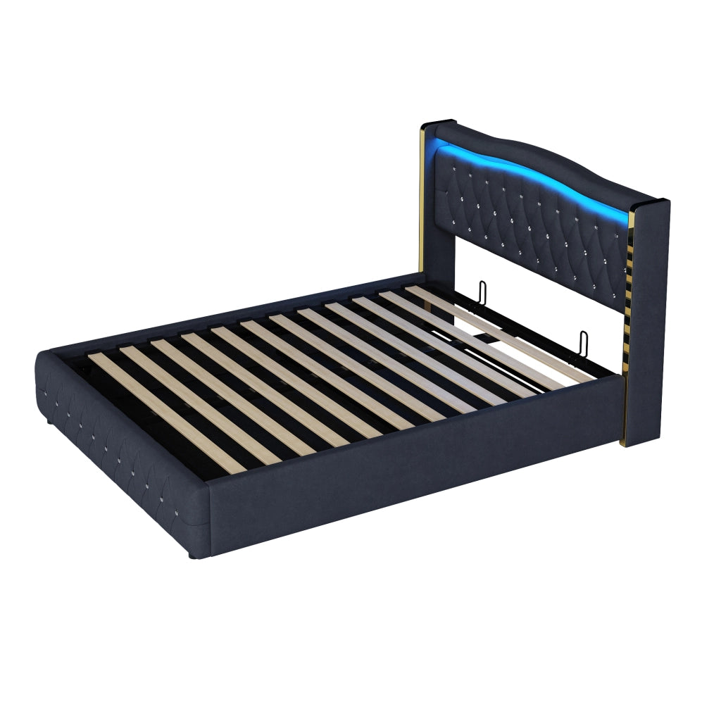 OKWISH Letto Contenitore 140×200 cm, Letto Matrimoniale con LED Multicolore, Sollevamento Idraulico e Piedi Larghi, senza Materasso, Velluto, Nero