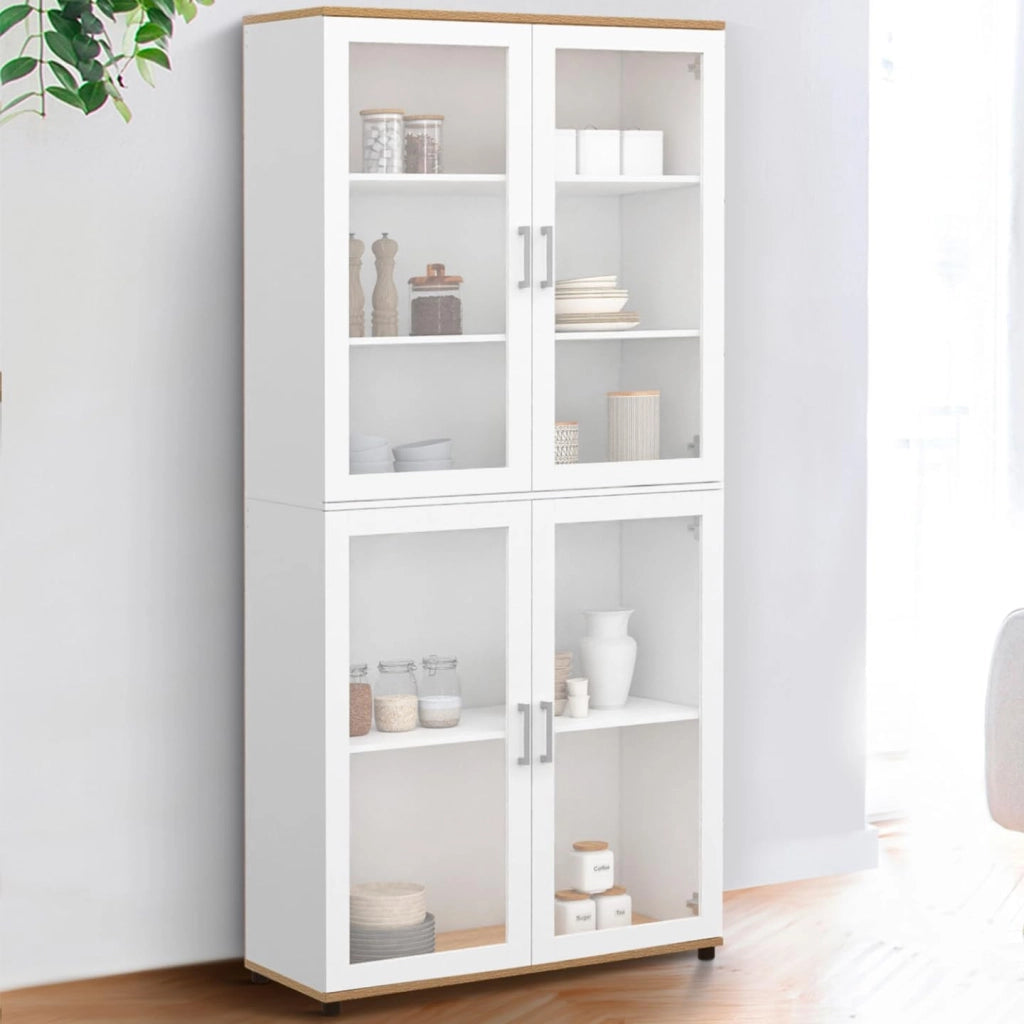 VITO Vitrina de 4 puertas de cristal blanco y efecto haya