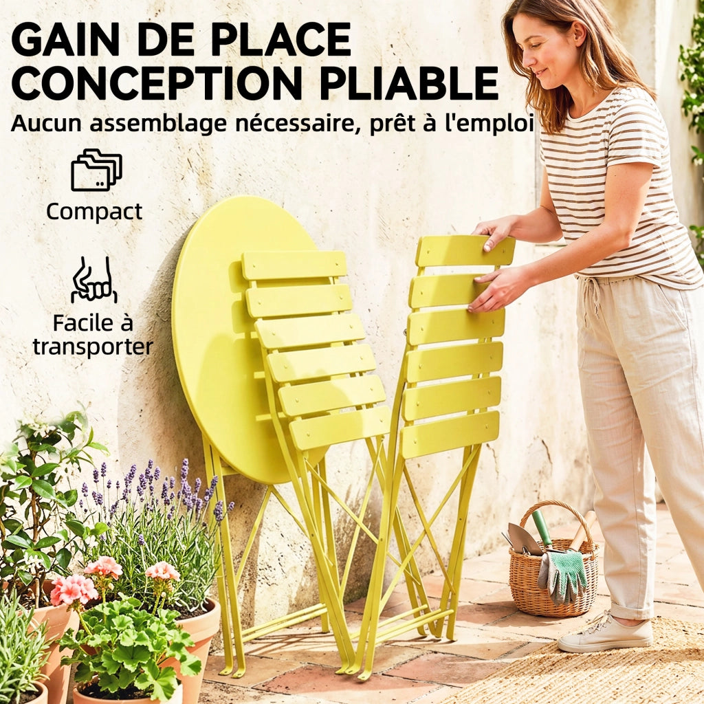 Set Giardino Tavolo e Sedie Pieghevoli ¨C zephmum ¨C Giallo, Legno, 3 Pezzi