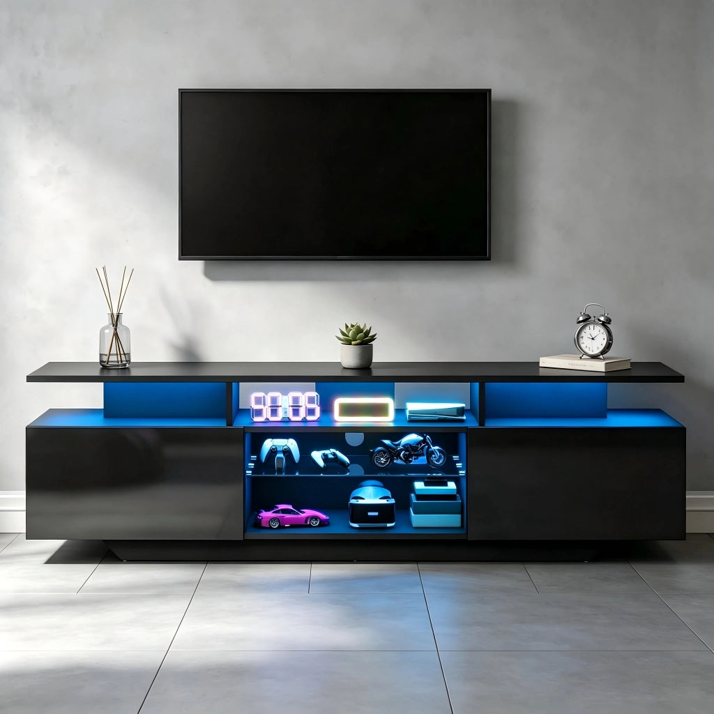 Mobile TV da salotto 160x40x45 cm nero con LED, 2 armadi e 8 ripiani