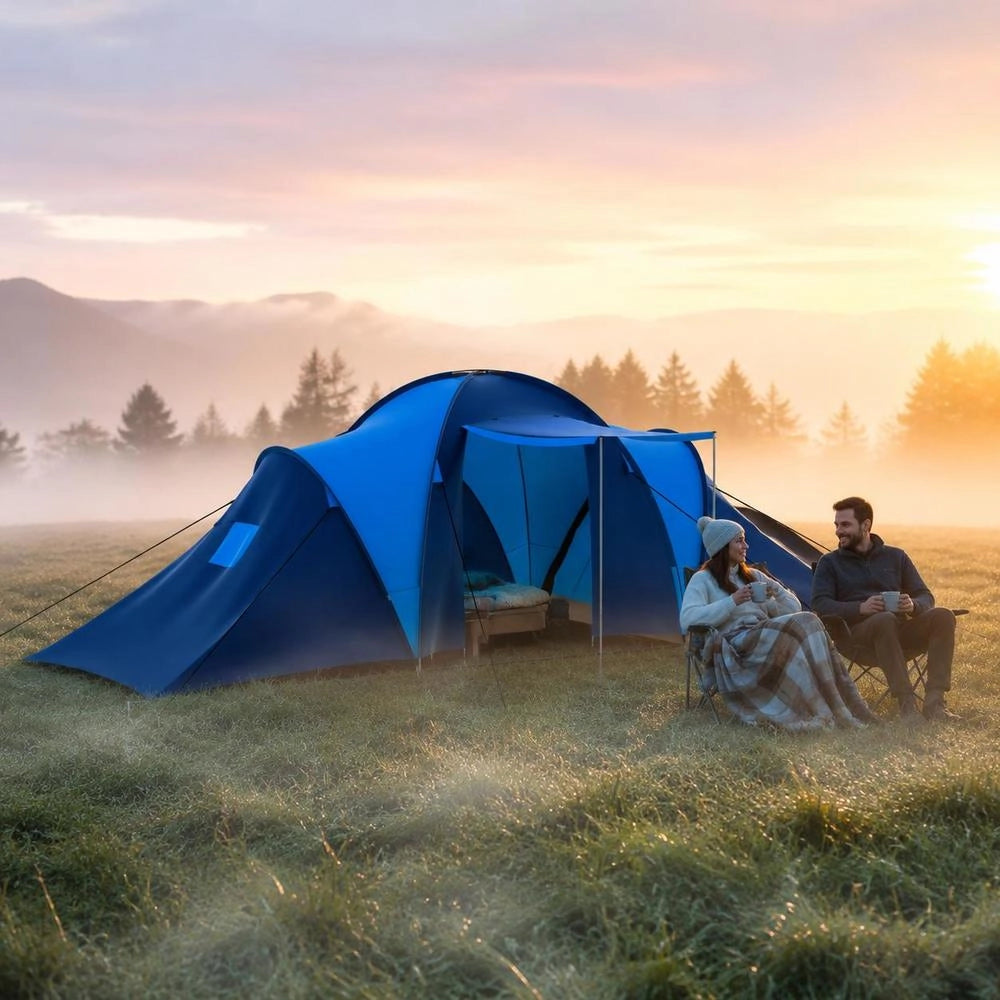Camping Tent, Fabric, 9 Persons, Dark Blue And Blue