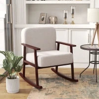 Poltrona a Dondolo in Tessuto Effetto Lino e Legno con Braccioli e Cuscini, 66x78x76 cm, Beige e Marrone
