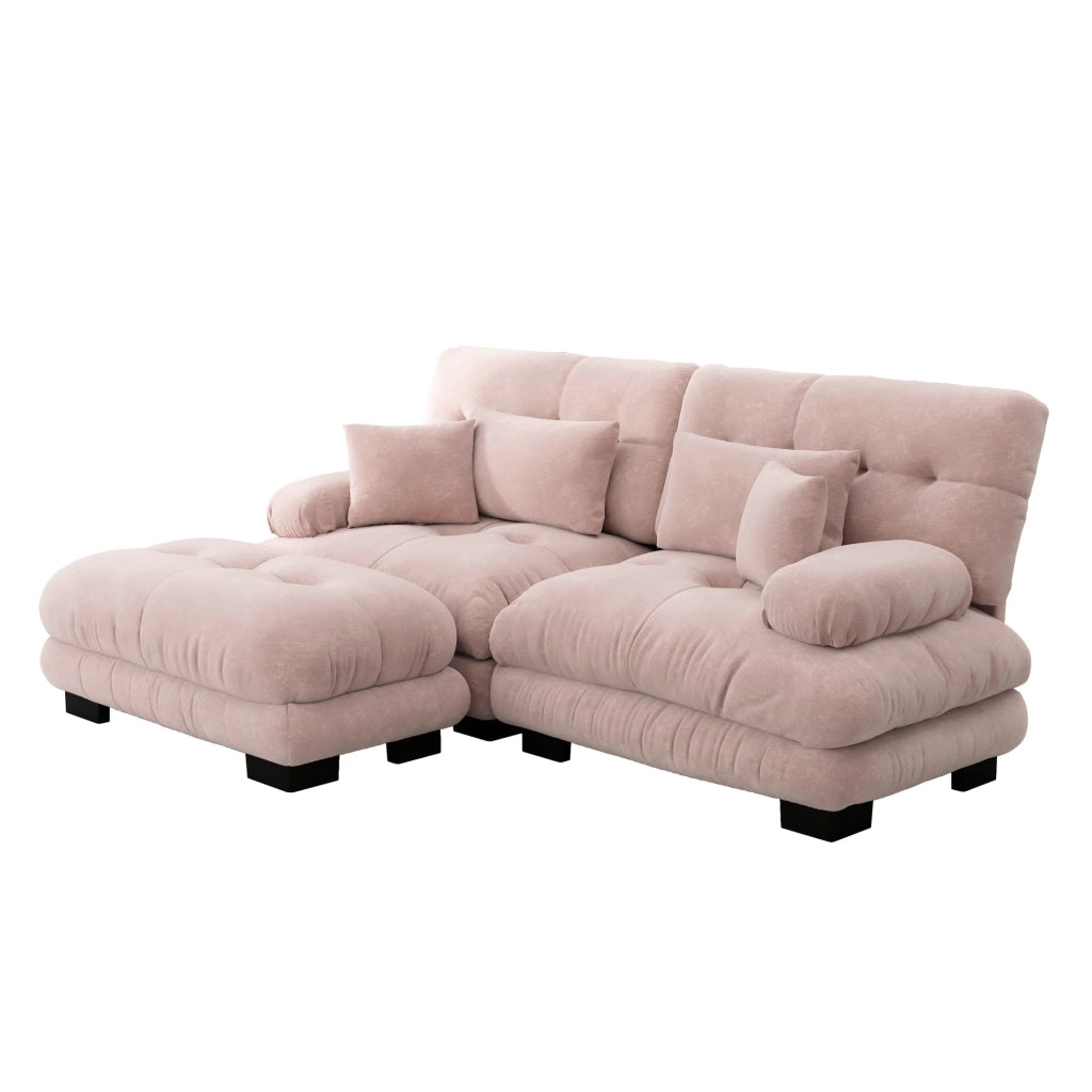 Divano angolare Cloud in chenille rosa con pouf e cuscini lombari per il soggiorno