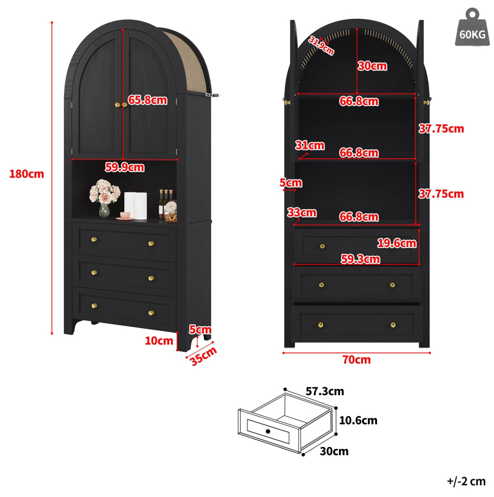 Armadio alto ad arco nero in MDF con 3 cassetti, 70x35x180 cm
