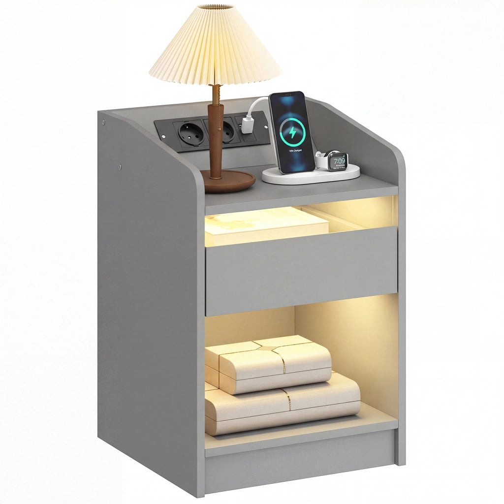 Comodino con LED RGB, stazione di ricarica USB, cassetto e controllo remoto ¨C zephmum ¨C grigio, 40x40x58 cm