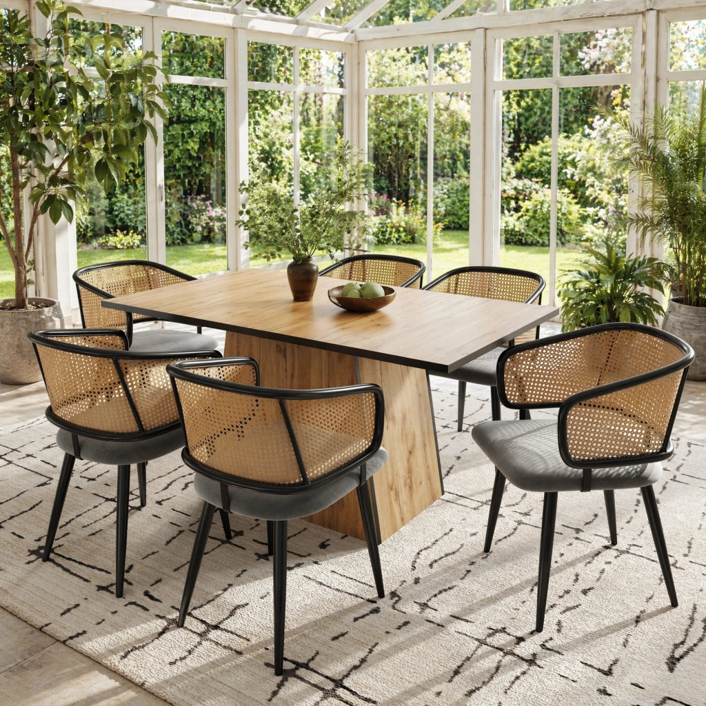 Sedia da pranzo in rattan con cuscino in velluto e gambe in ferro, schienale ergonomico, grigio
