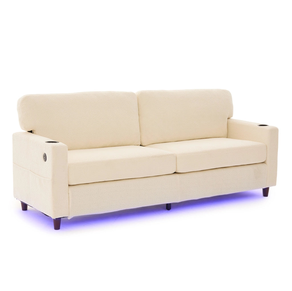 Divano 2 posti in ciniglia beige con LED, USB-C e portabevande