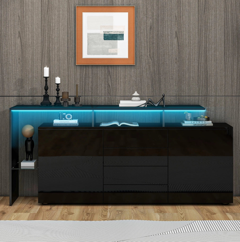 Sideboard 160x35x70 cm con LED e USB; 2 porte; 4 cassetti; nero